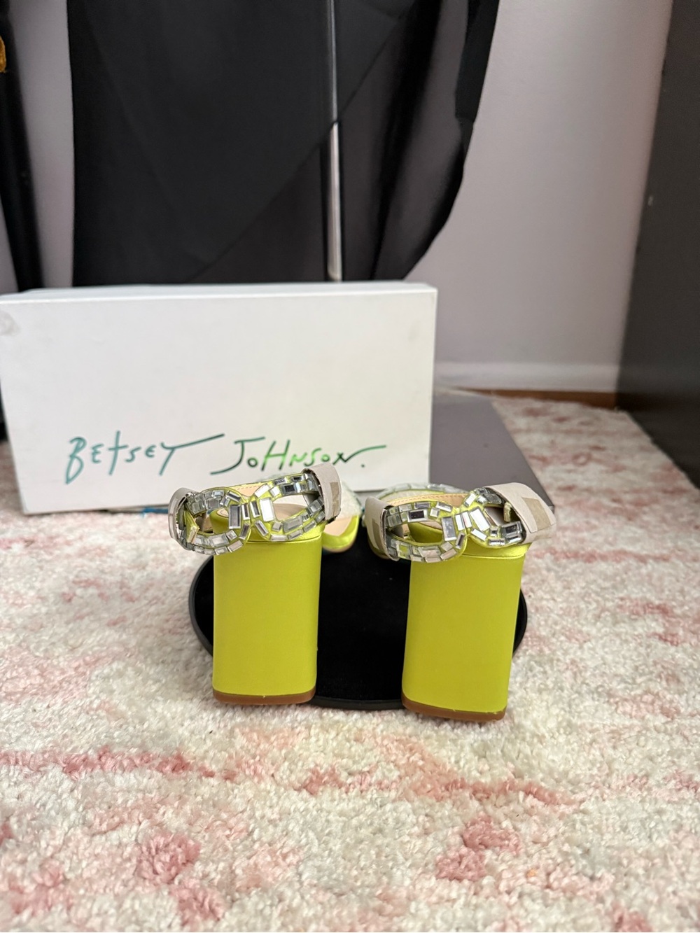 Betsey Johnson Neon Lime Rhinestone Block Heel Sandals - Picture 4 of 5